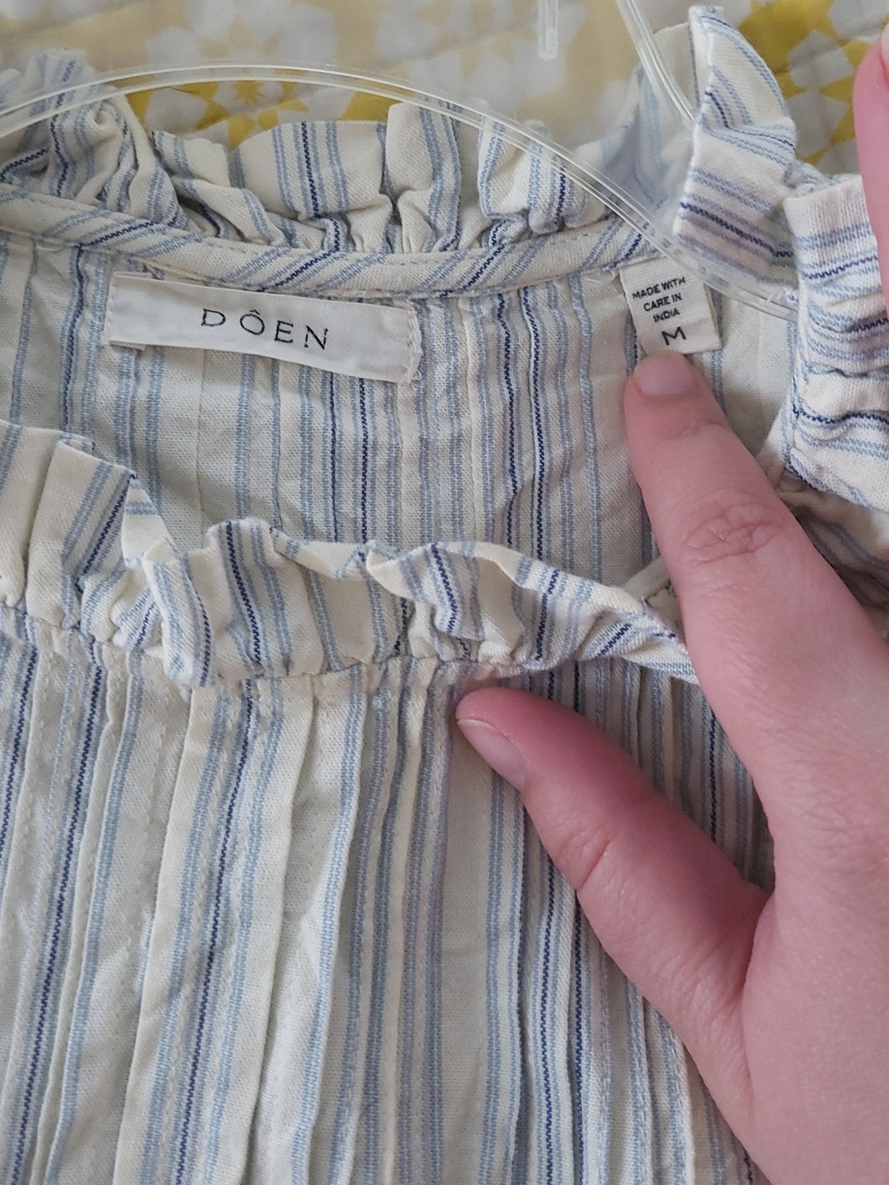 Doen Darien Top In Chambray Stripe - Blues & Natural - Pintucks Rickrack Ruffles - Picture 6 of 12
